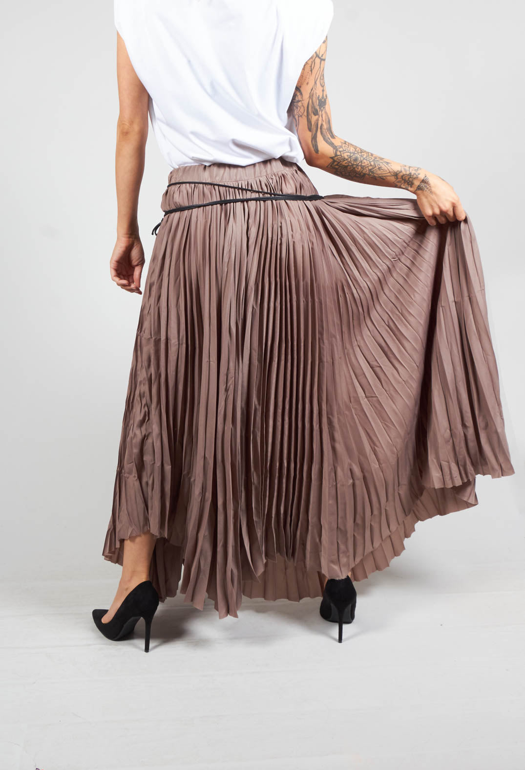 Pleated Skirt with Asymmetric Hem in Brown