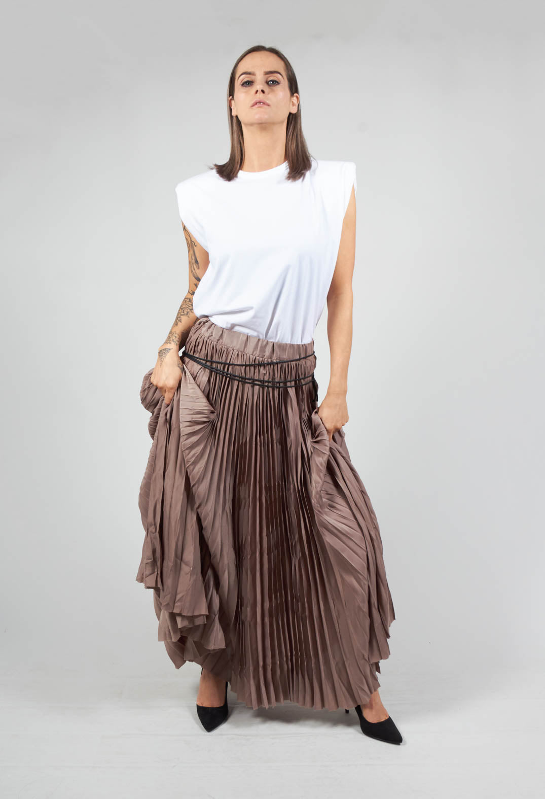 Pleated Skirt with Asymmetric Hem in Brown