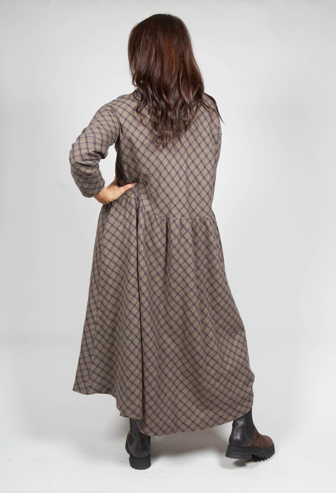 Collar Tartan Wool Dress in Grey