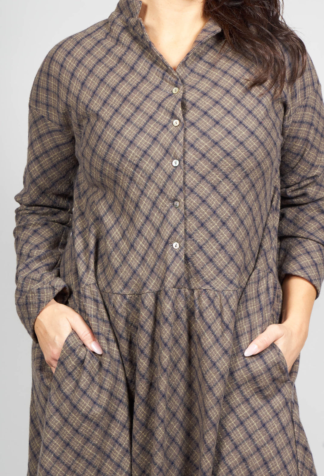 Collar Tartan Wool Dress in Grey