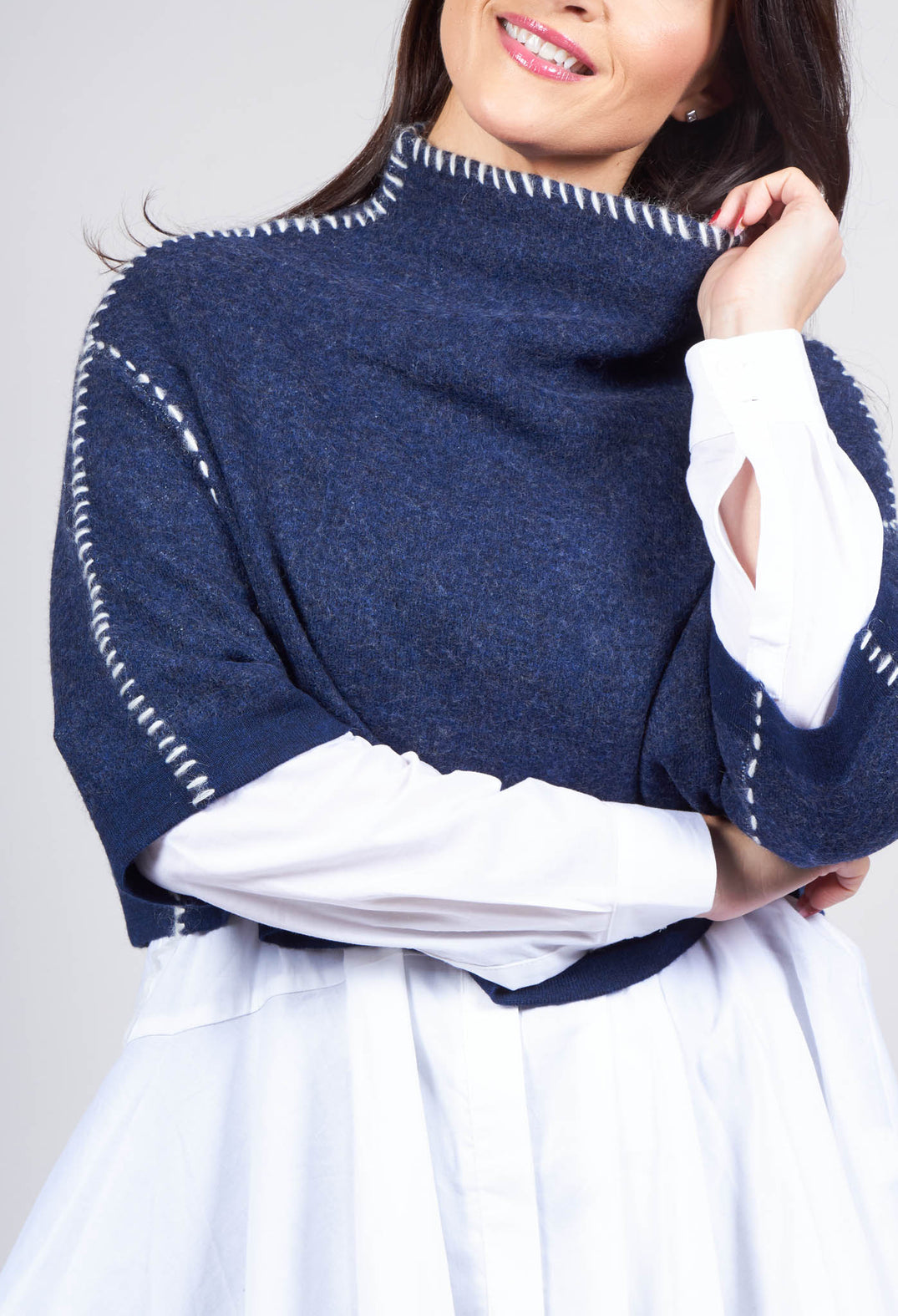 Cropped Jumper with Contrast Stitching in Blue