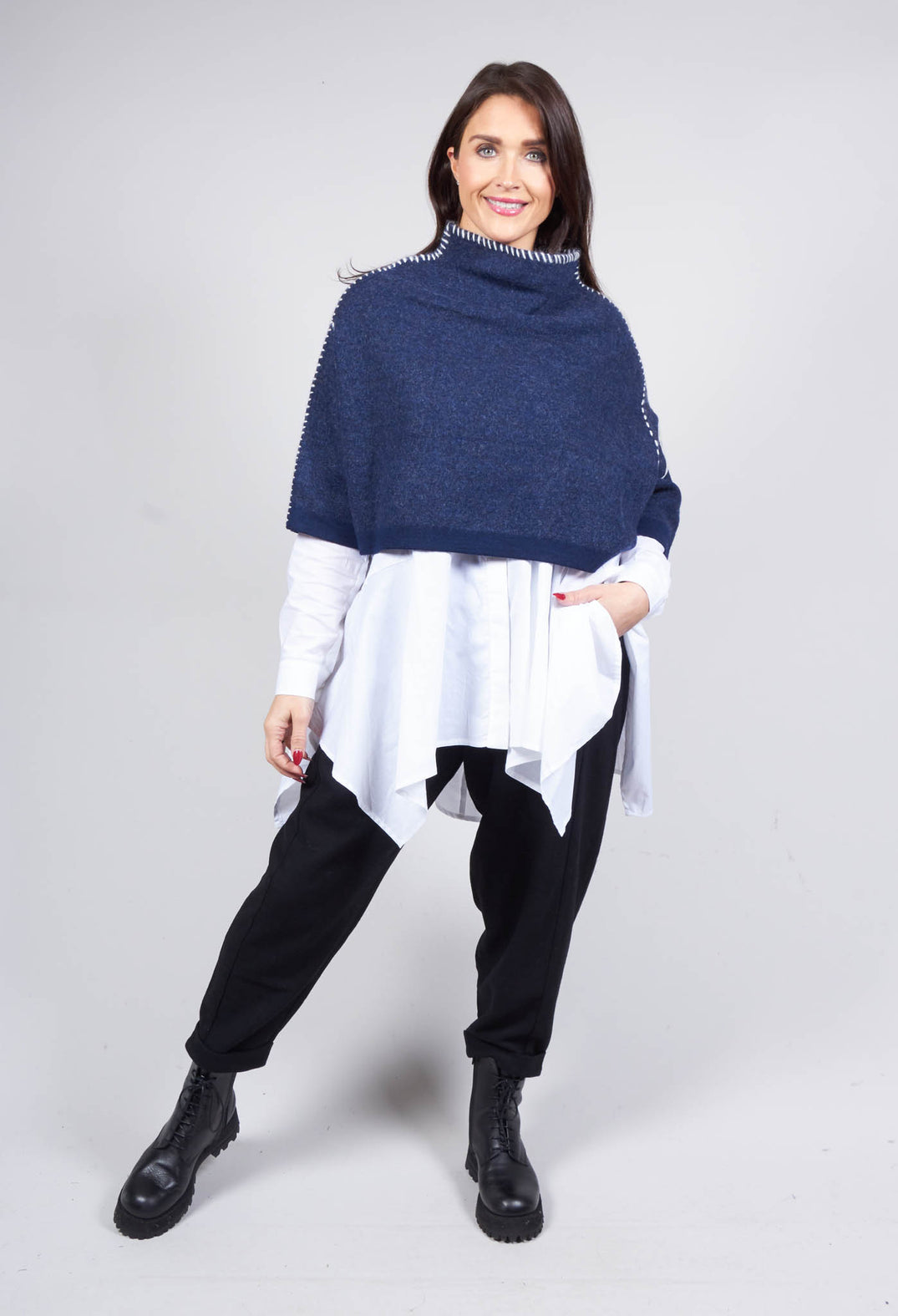 Cropped Jumper with Contrast Stitching in Blue