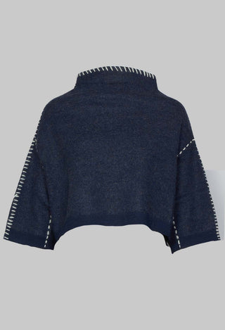 Cropped Jumper with Contrast Stitching in Blue