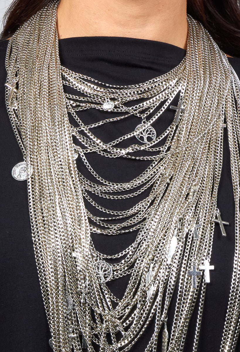 Longline Necklace with Multiple Chains and Pendants in Silver Olivia May