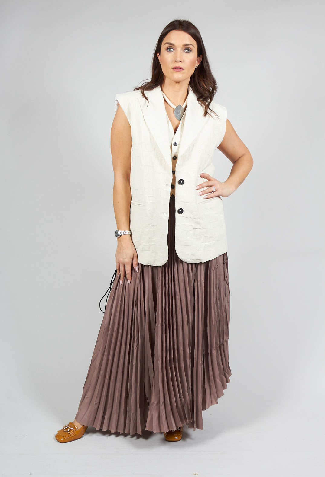 Pleated Skirt with Asymmetric Hem in Brown