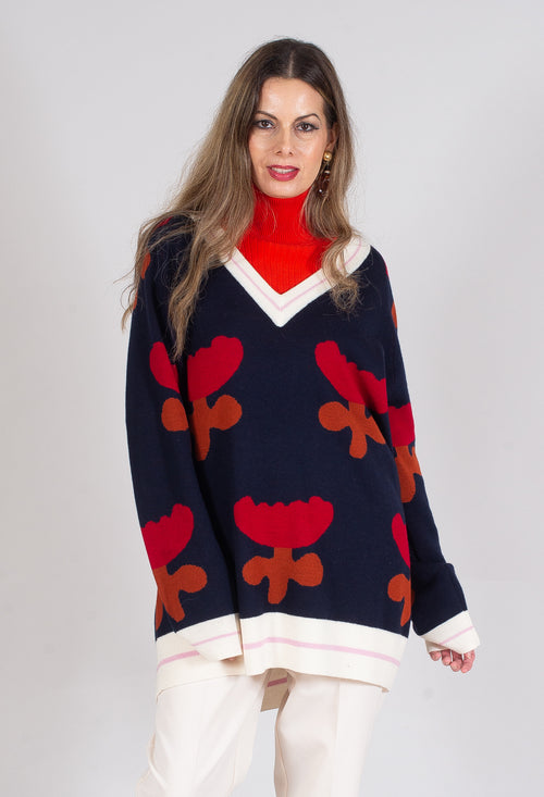 V Neck Pull with Tulip Pattern in Red and Navy