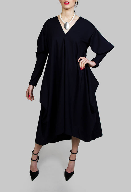 Oversized V Neck Dress with Puff Sleeves in Kao Bleu