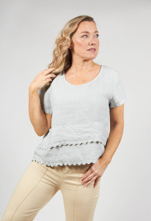 Embroidered Linen Frill Top in Pearl