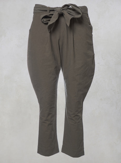 Khaki Trousers with Pleats and Front Tie