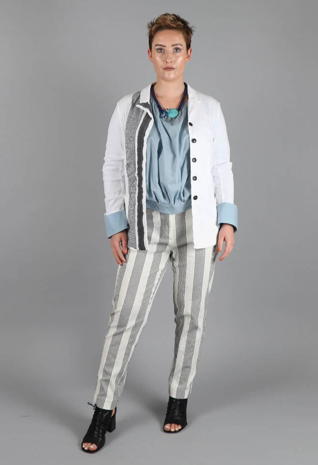Jacket with Drawstring Back in White Stripe