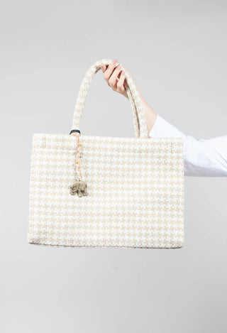 Large Tote Bag with Dogtooth Print in Off White and Sand