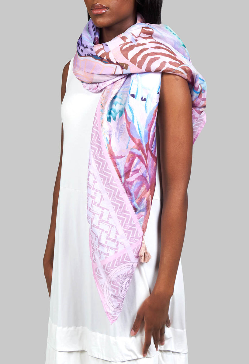 Lightweight Silk Scarf with Animal Print in Pink Olivia May