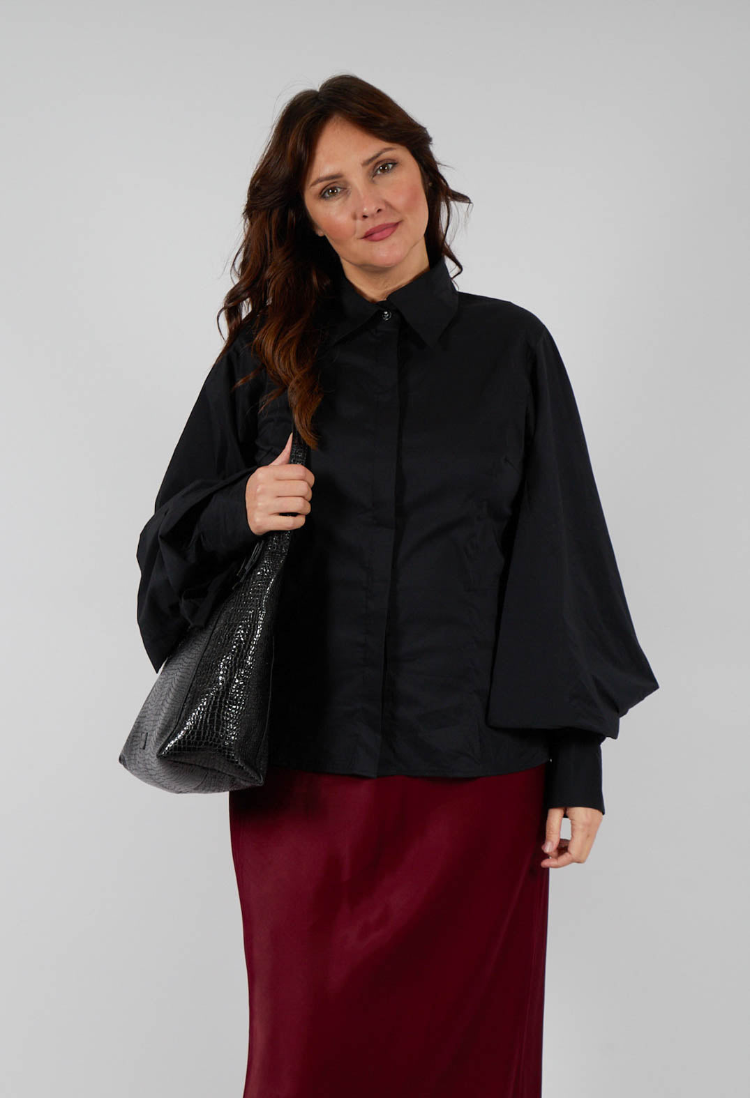Shirt with Flared Puff Sleeves in Black