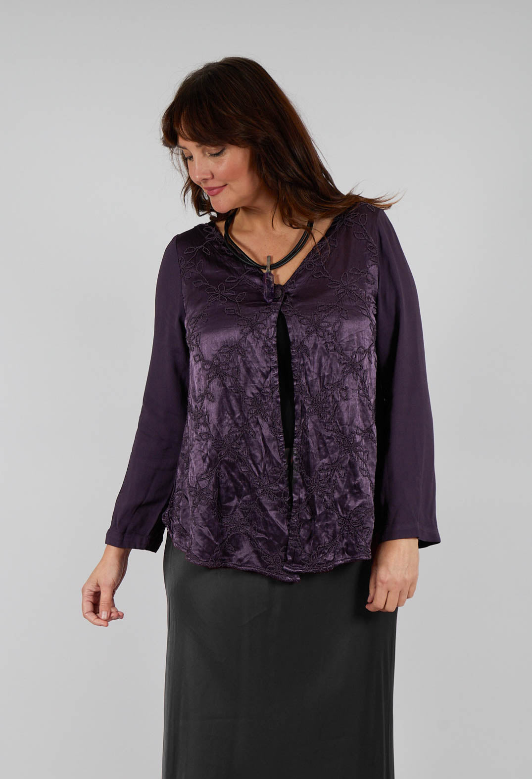 Satin Front Jacket with Embroidery in Blueberry