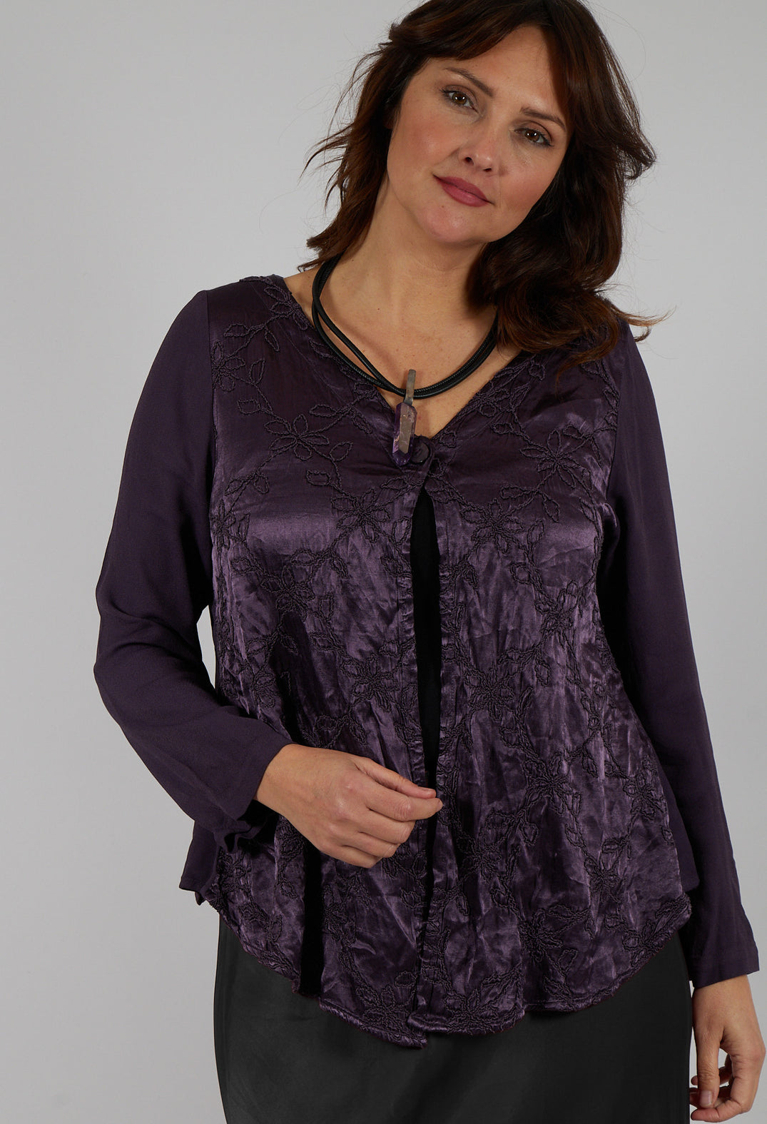 Satin Front Jacket with Embroidery in Blueberry