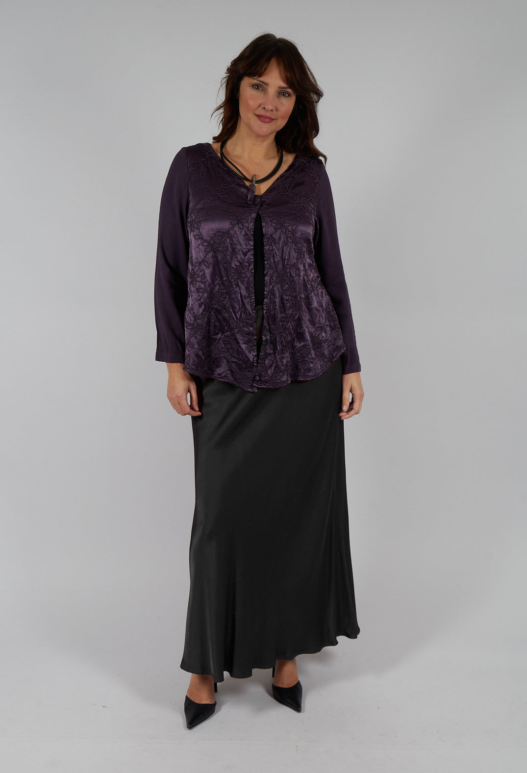 Satin Front Jacket with Embroidery in Blueberry