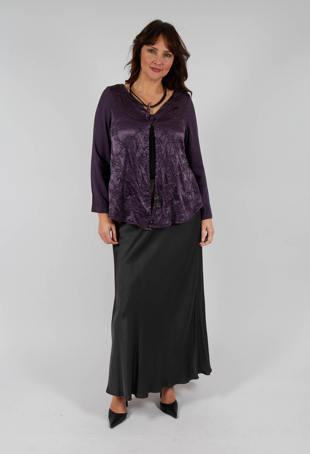 Satin Front Jacket with Embroidery in Blueberry