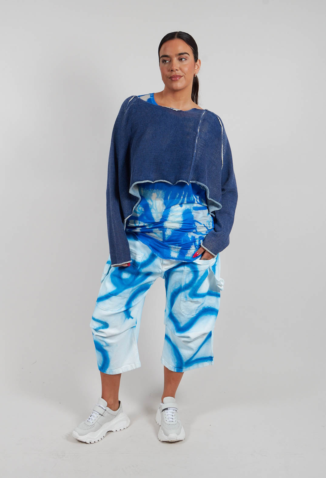 Cropped Oversized Jumper in Navy/Marshmallow - 1720713