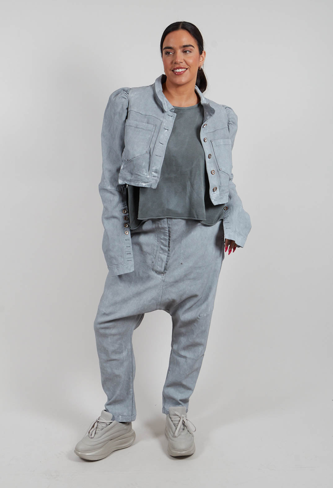 Cropped Puff Sleeve Jacket in Seaweed Fog - 2031106