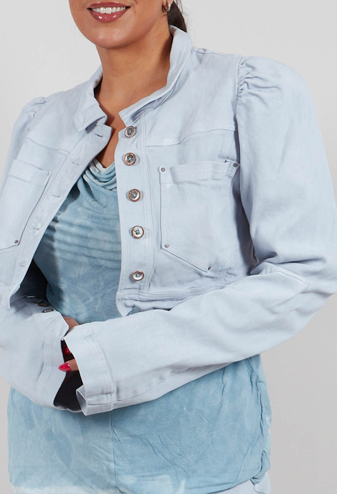 Cropped Puff Sleeve Jacket in Sky Fog - 2031106