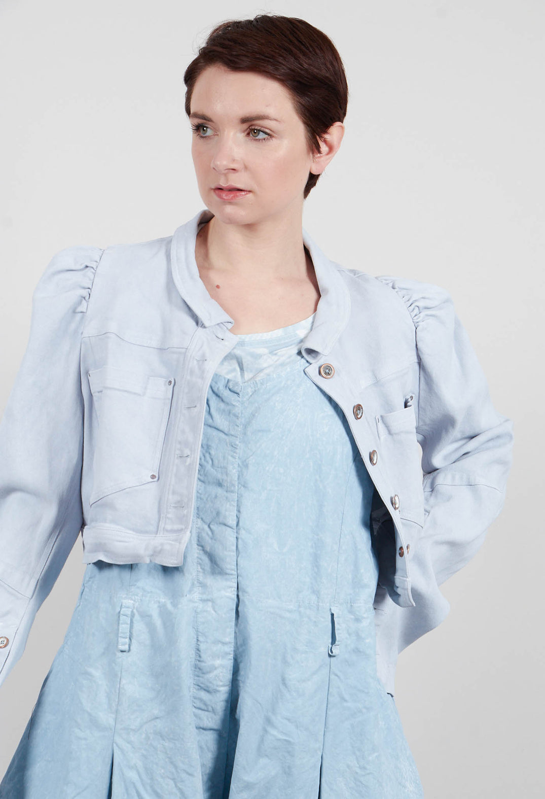 Cropped Puff Sleeve Jacket in Sky Fog - 2031106
