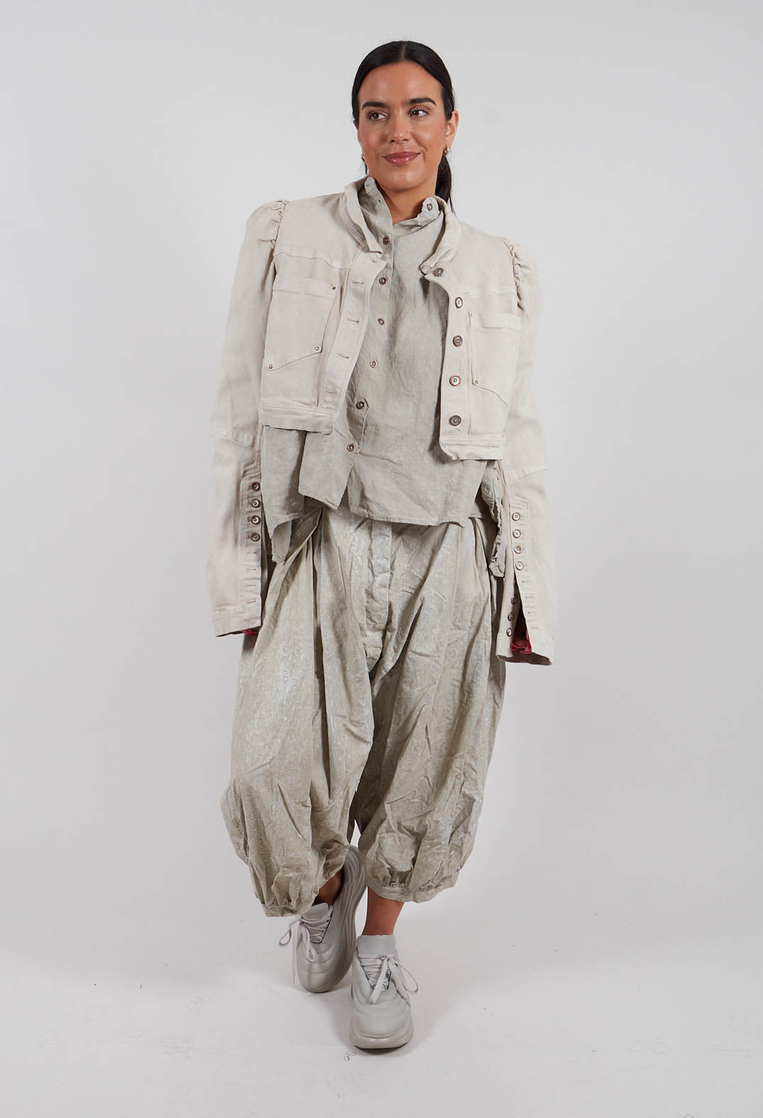 Cropped Puff Sleeve Jacket in Linen Fog - 2031106