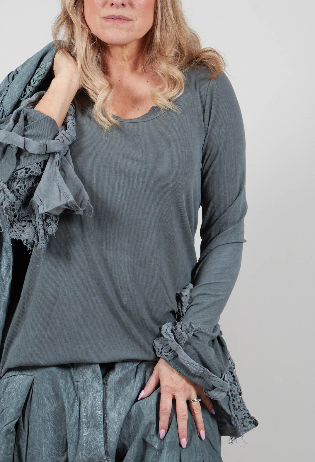 Top with Lace Cuffs in Seaweed Fog - 2180502