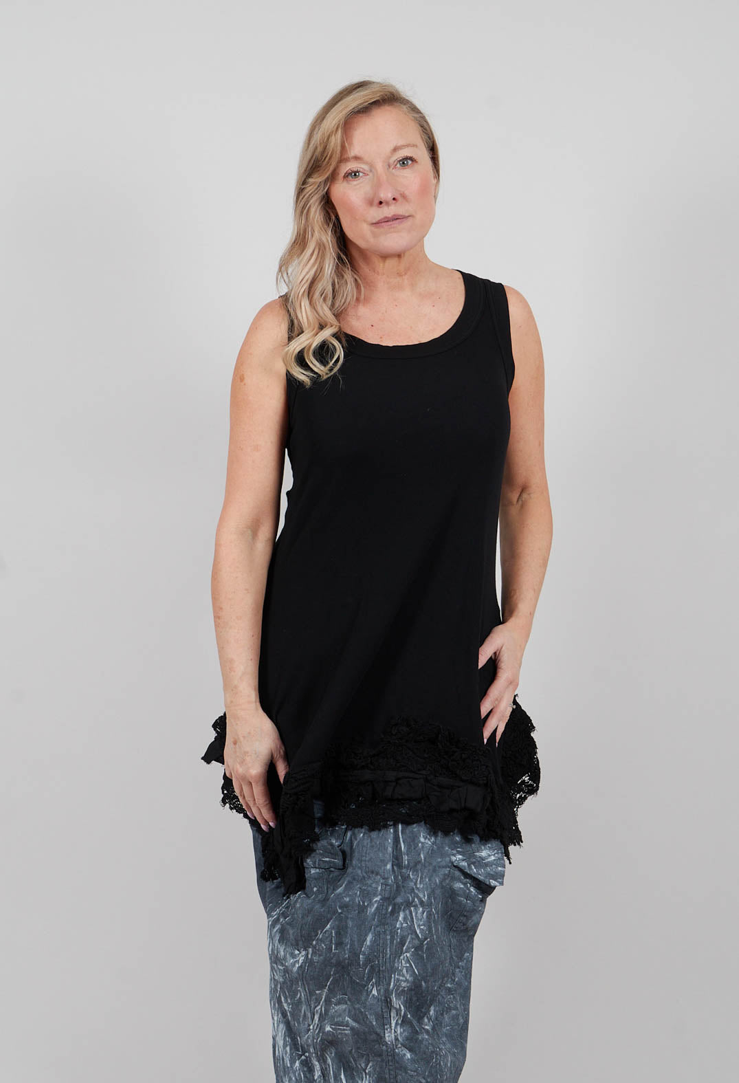 Sleeveless Top with Lace Hem in Black Gloss - 2180813