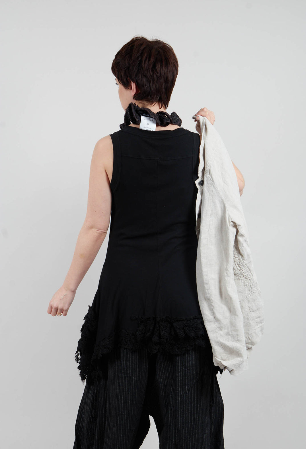 Sleeveless Top with Lace Hem in Black Gloss - 2180813