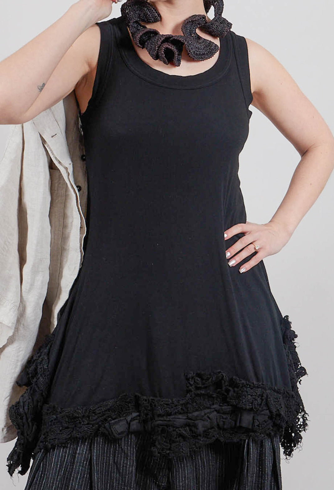 Sleeveless Top with Lace Hem in Black Gloss - 2180813