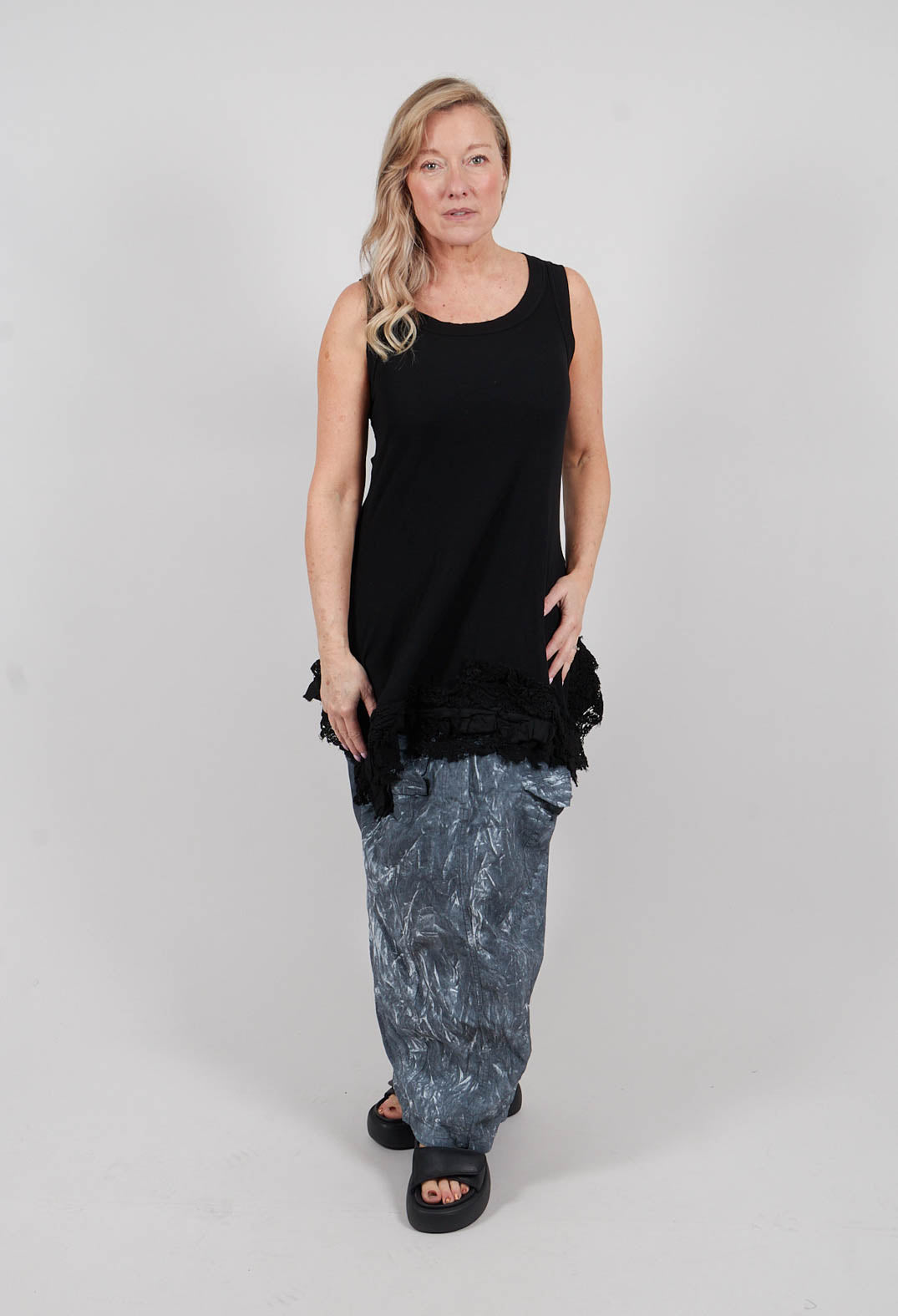 Sleeveless Top with Lace Hem in Black Gloss - 2180813