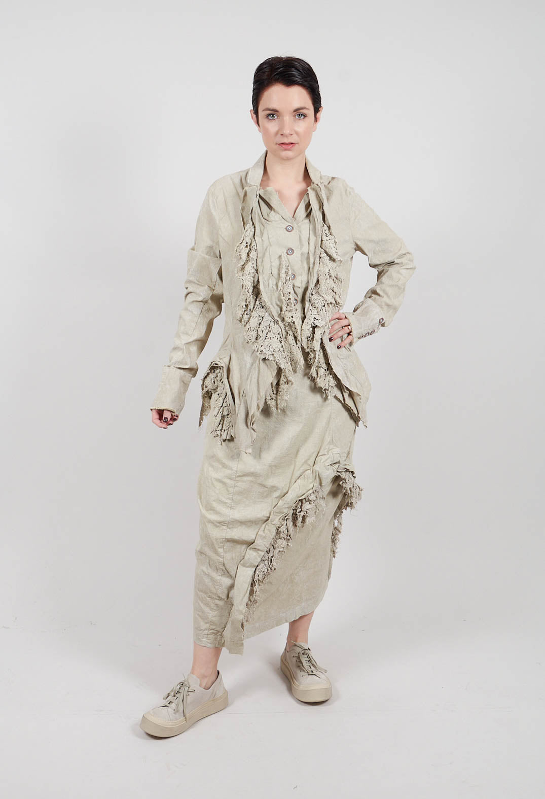 Jacket with Lace Ruffles in Linen Fog - 2241115