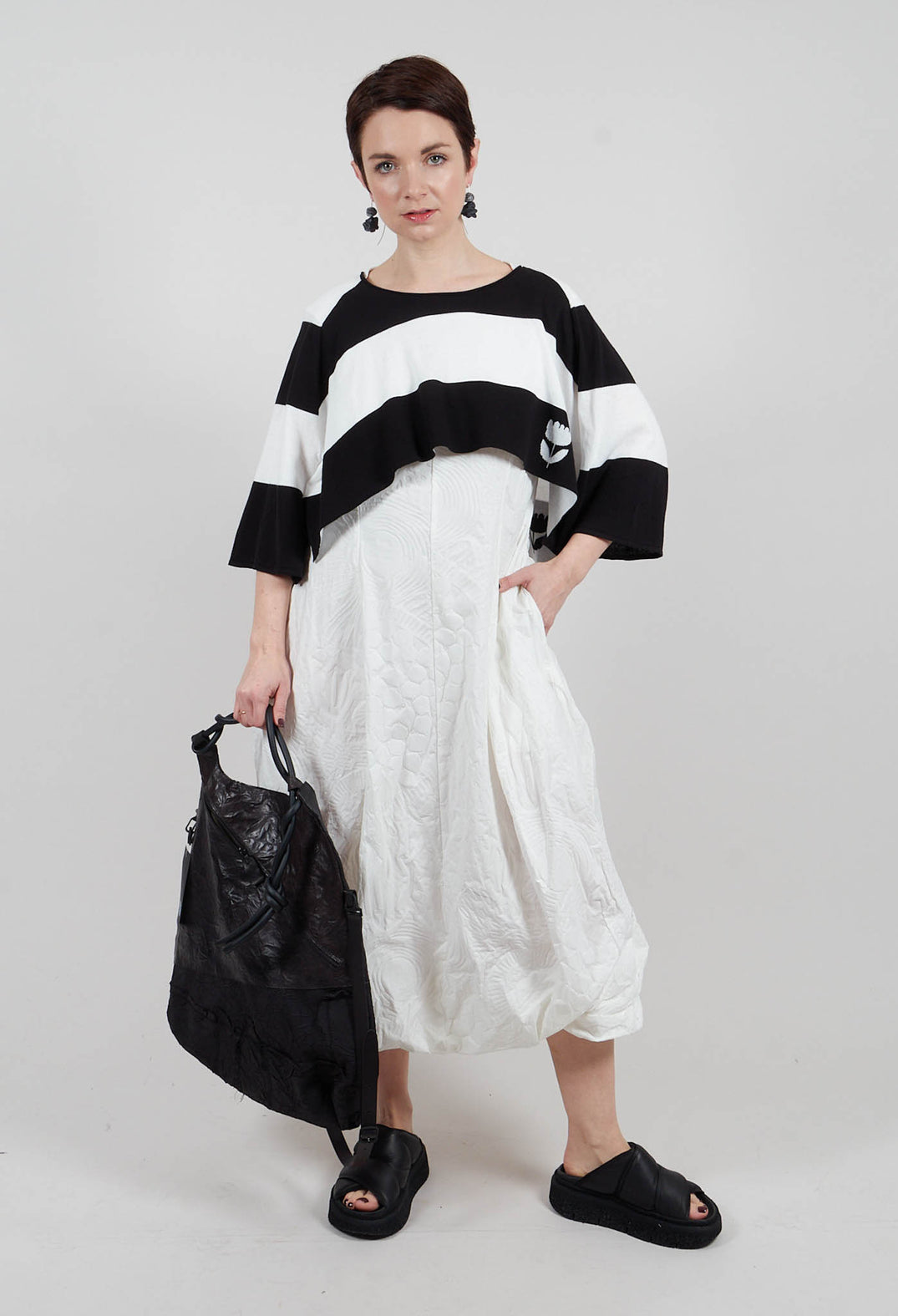 Cotton Knit Cropped Jumper in Black Off White Stripe - 3330703