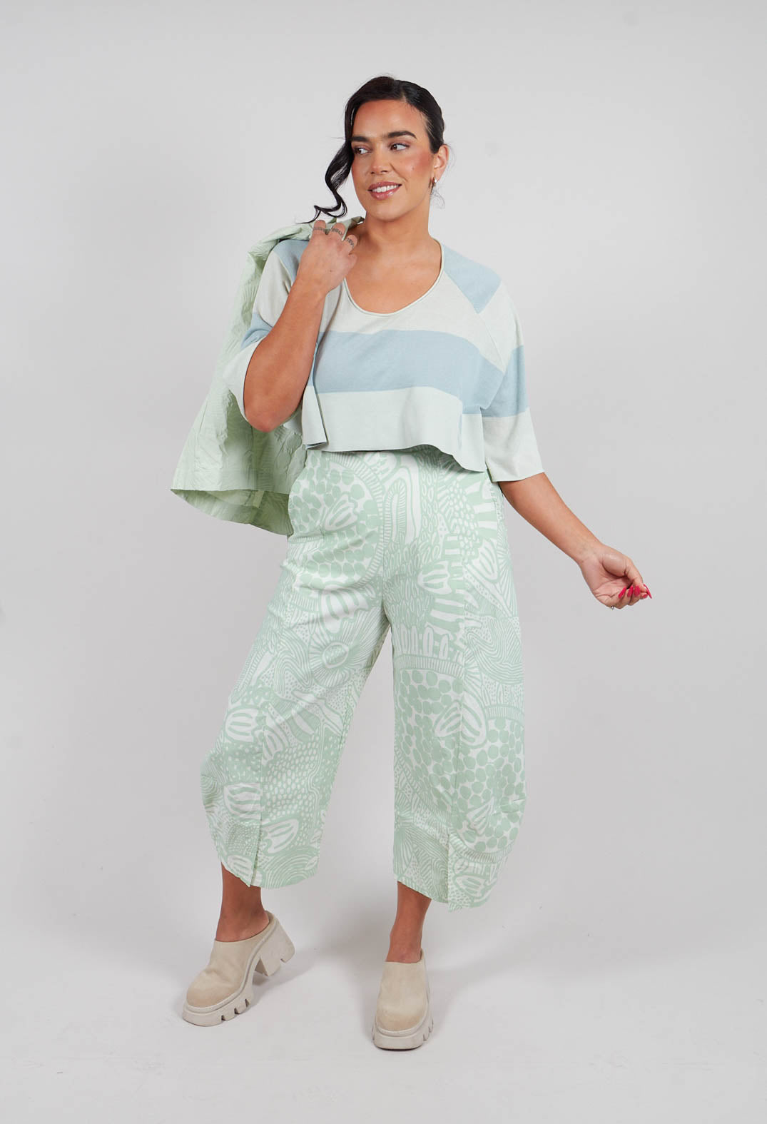 Cotton Knit Cropped Jumper in Lime Mint Stripe - 3330703