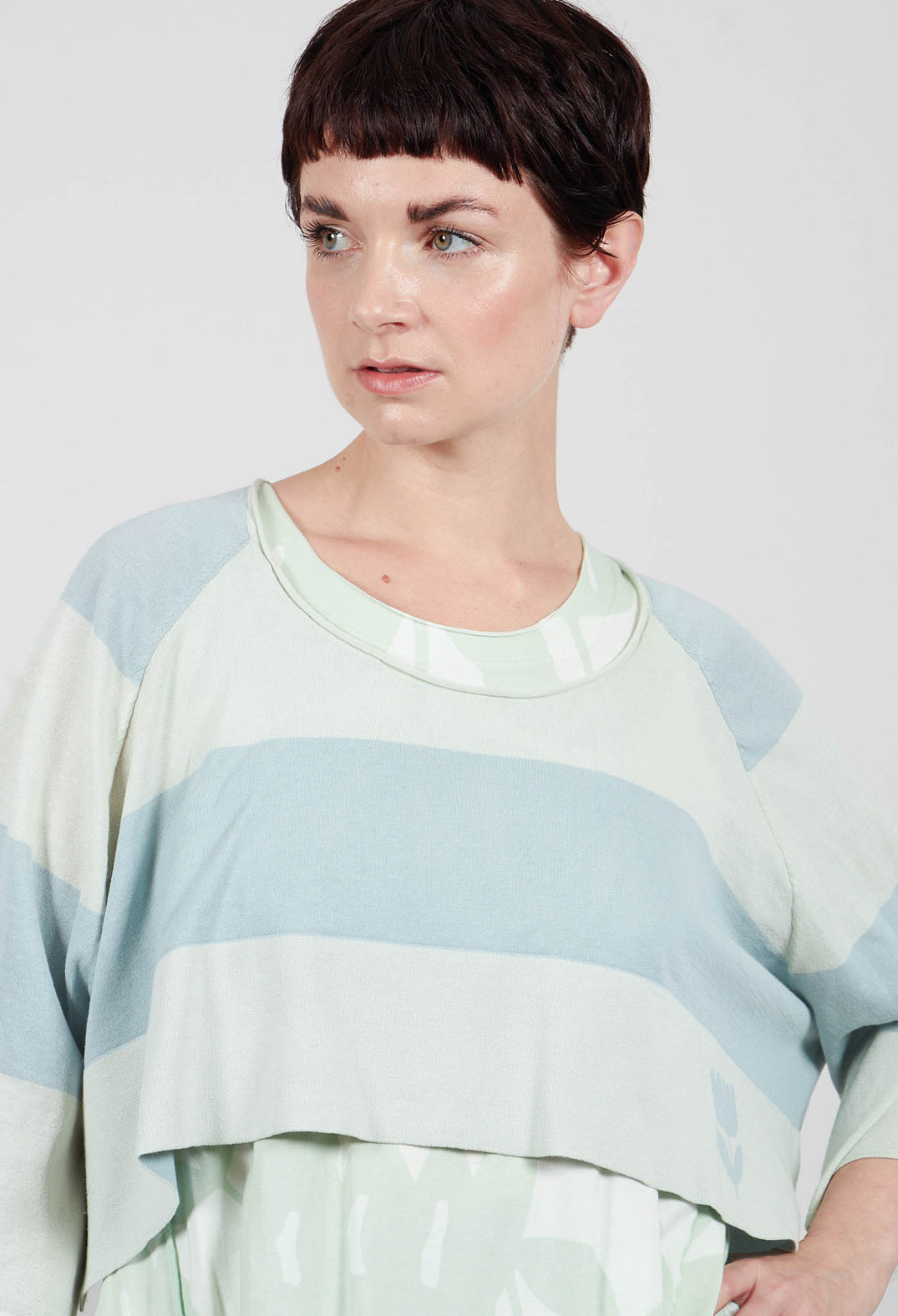 Cotton Knit Cropped Jumper in Lime Mint Stripe - 3330703