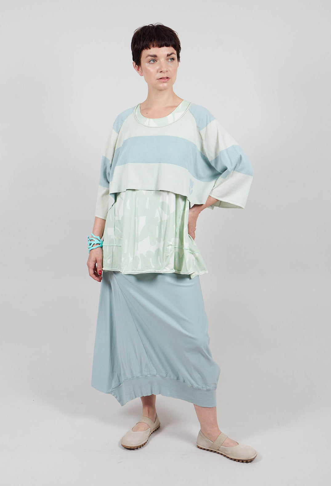 Cotton Knit Cropped Jumper in Lime Mint Stripe - 3330703