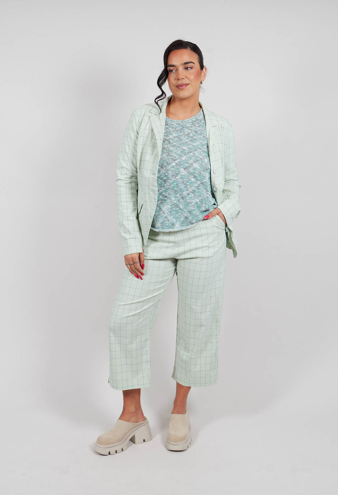 Cropped Leg Trousers in Lime Check - 3440103