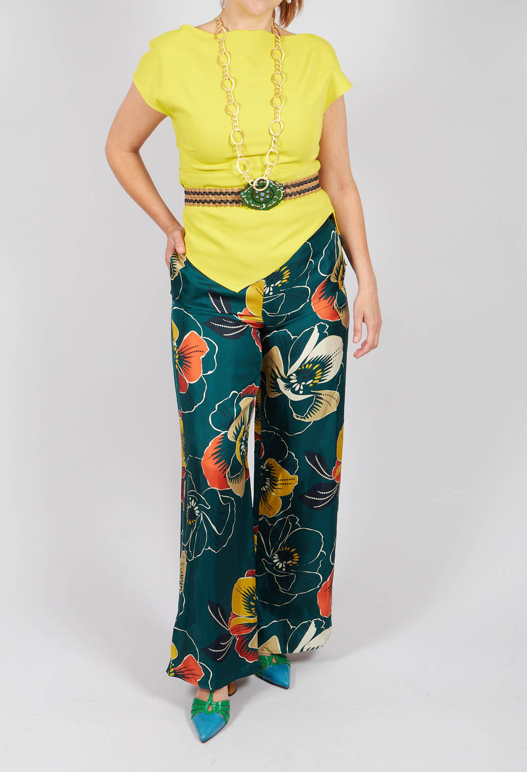Wide Leg Silk Trousers with Floral Print in Multicolour