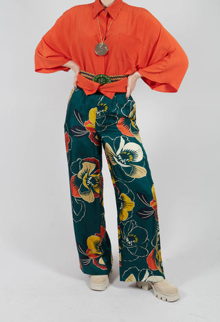 Wide Leg Silk Trousers with Floral Print in Multicolour