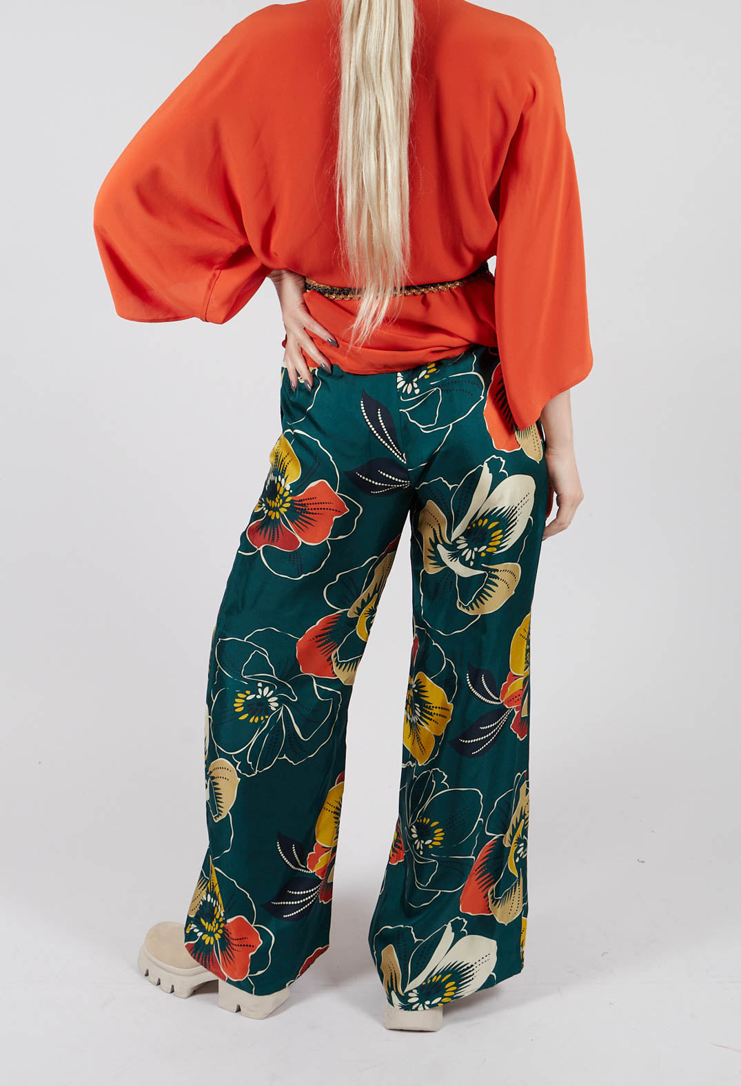 Wide Leg Silk Trousers with Floral Print in Multicolour