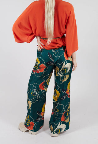 Wide Leg Silk Trousers with Floral Print in Multicolour