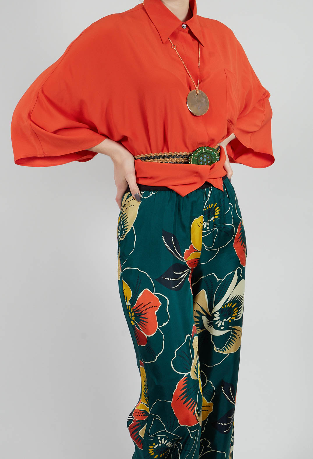 Wide Leg Silk Trousers with Floral Print in Multicolour