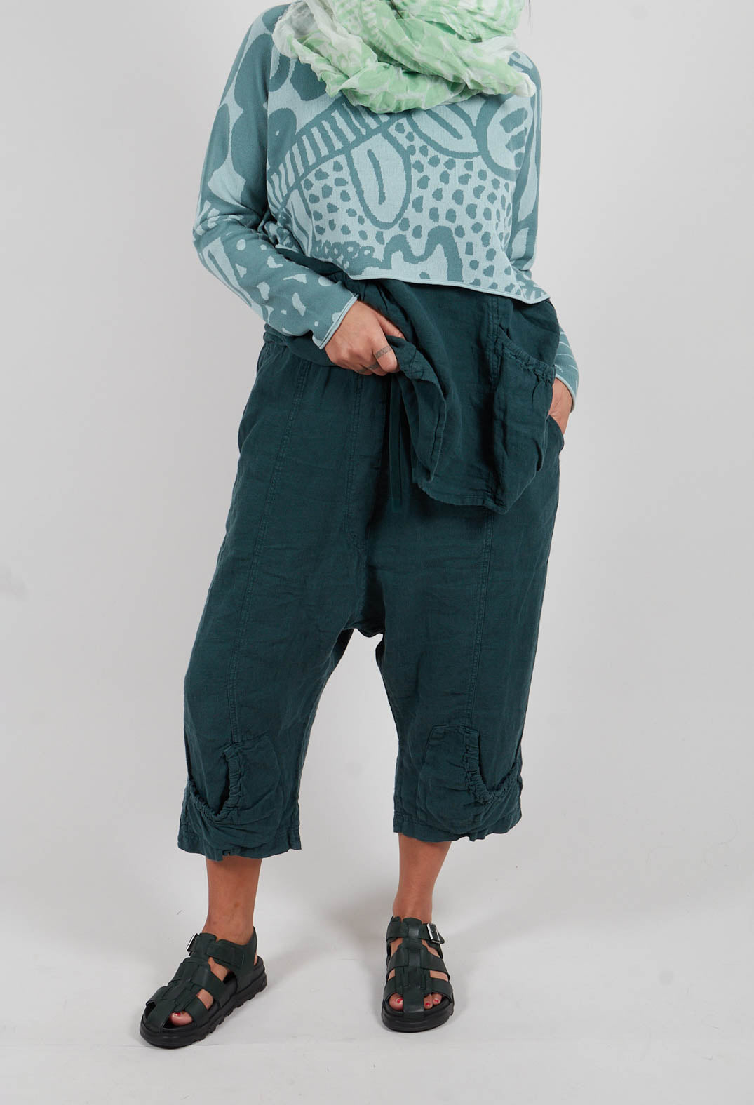 Linen Drop Crotch Trousers in Tree - 3540114
