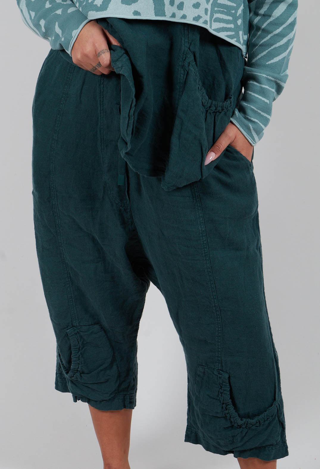 Linen Drop Crotch Trousers in Tree - 3540114