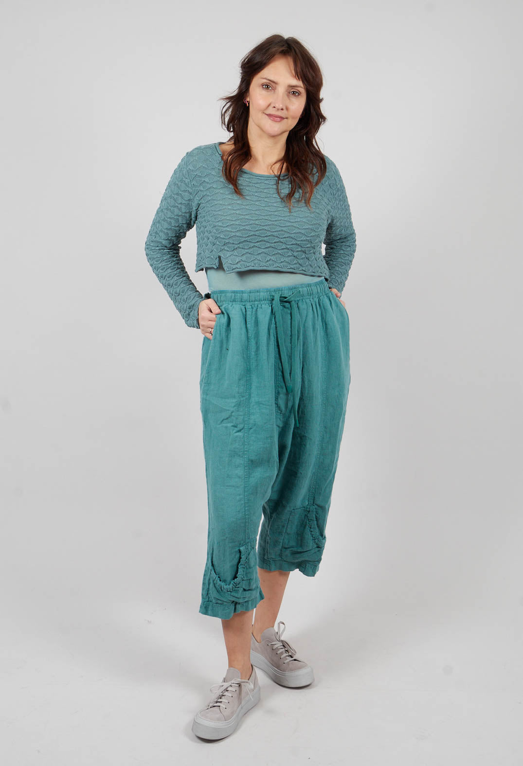 Linen Drop Crotch Trousers in Grass - 3540114