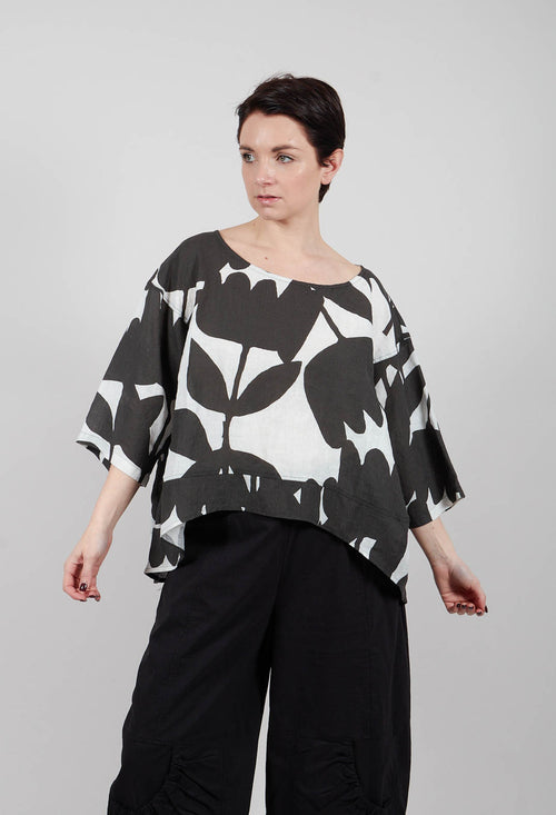 Linen Oversized Top in Black Print - 3550504