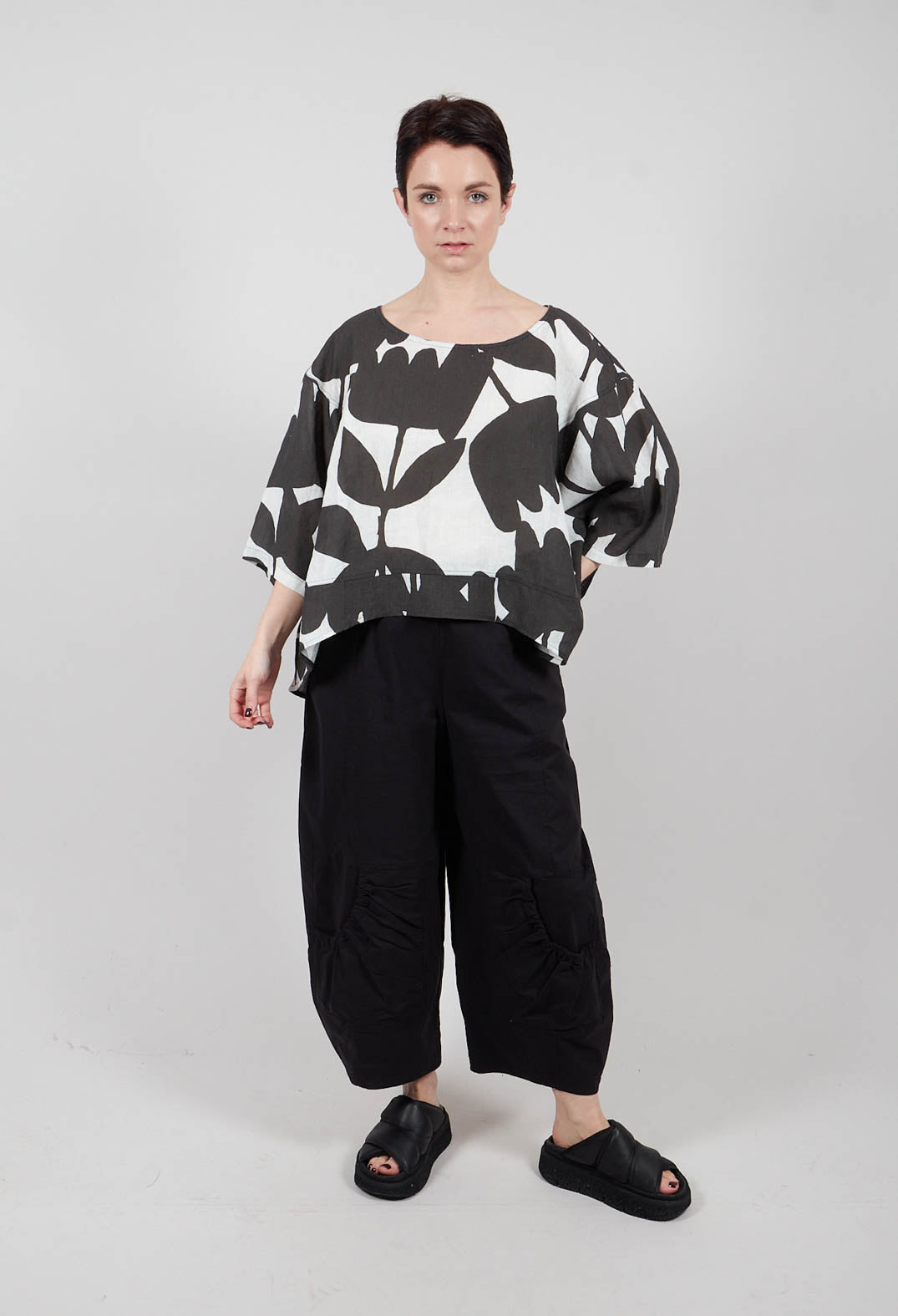Linen Oversized Top in Black Print - 3550504