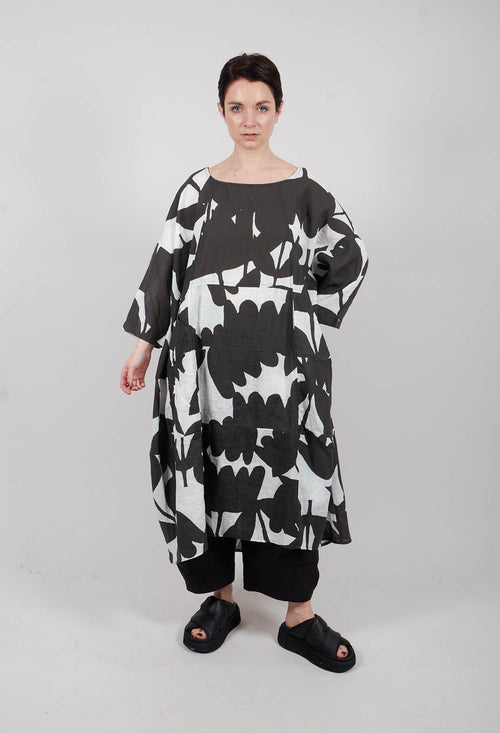Linen Oversized Dress in Black Print - 3550905