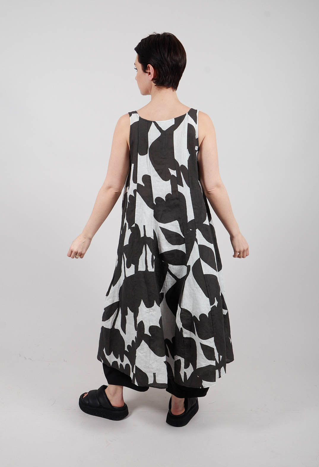 Linen Trapeze Dress in Black Print - 3550907