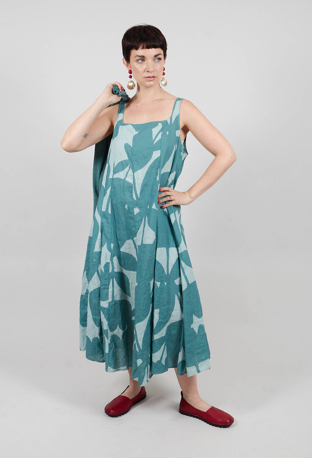 Linen Trapeze Dress in Grass Print - 3550907